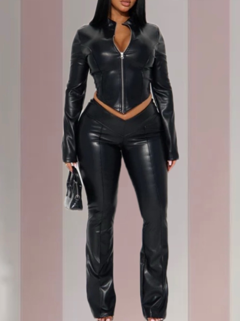FN 2-Pc. BRAND NEW Full Temptation Low Rise Faux Leather Pant Set - Black